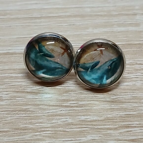 Handmade Silver Tone with Blue Whale Stud Earrings Fashion Jewelry #87 - Picture 3 of 9